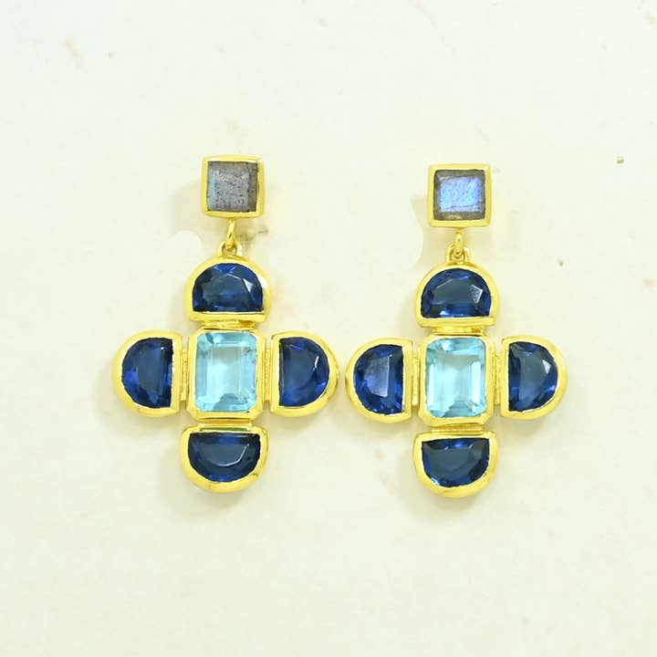 Brie Earring Gold Plated - Labradorite, Blue Topaz & Iolite for wholesale by Schmuckoo Berlin