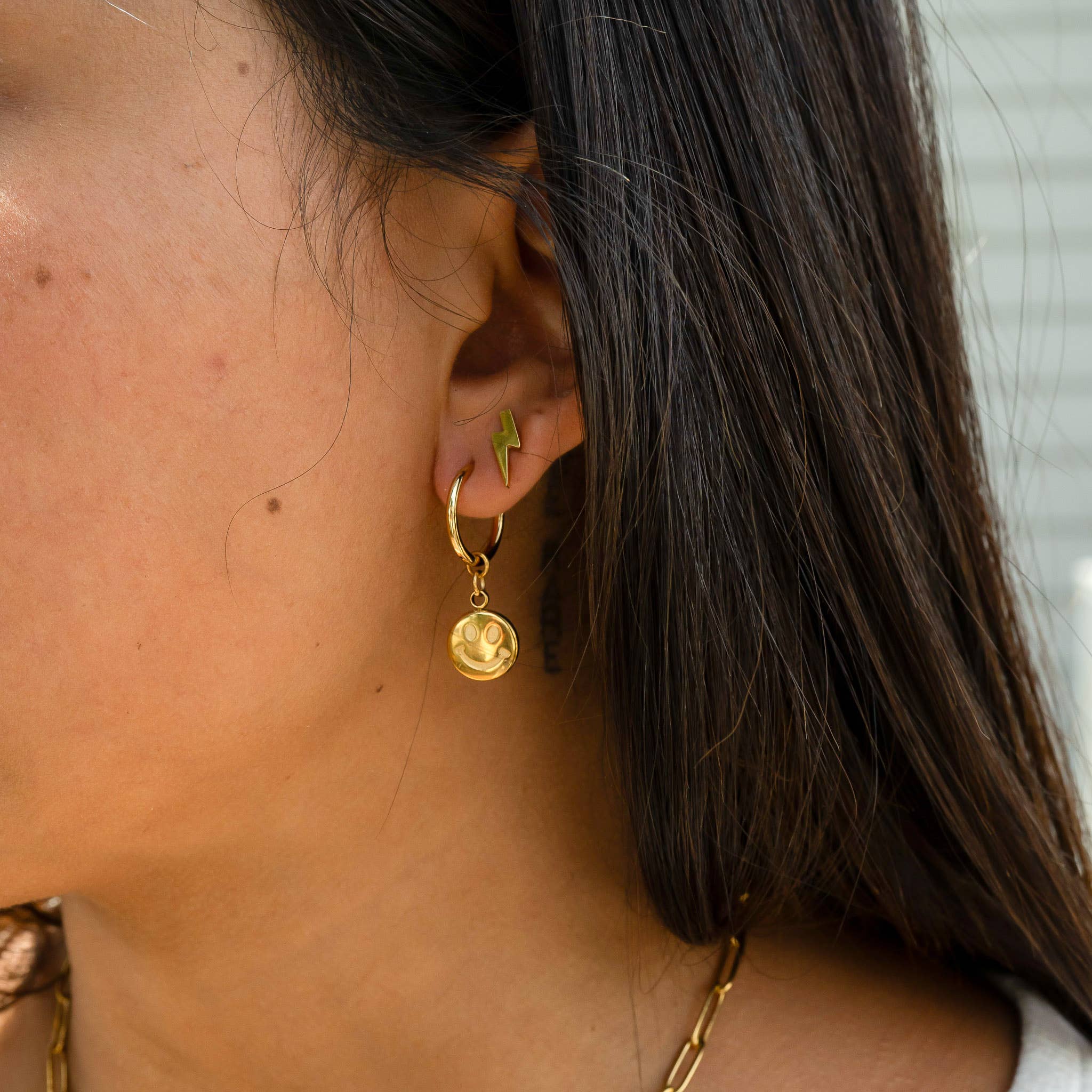 WJW - Wholesale Huggie Earrings - 18K Gold Stainless Steel Smiley Face Huggie Charm Earrings1