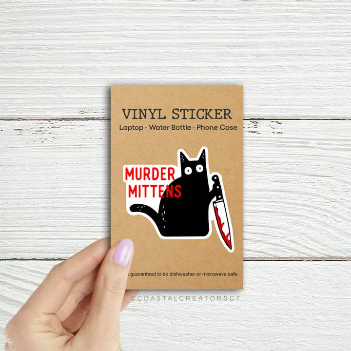 Coastal Creators of Connecticut - Wholesale Sticker - "Murder Mittens" Cat Laptop Water Bottle Sticker