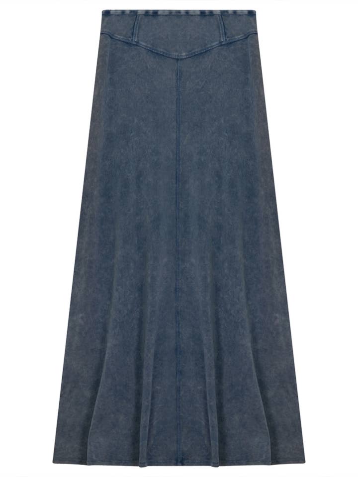 Jupe longue en jean délavé avec couture au centre pour la vente par Hush.Shop