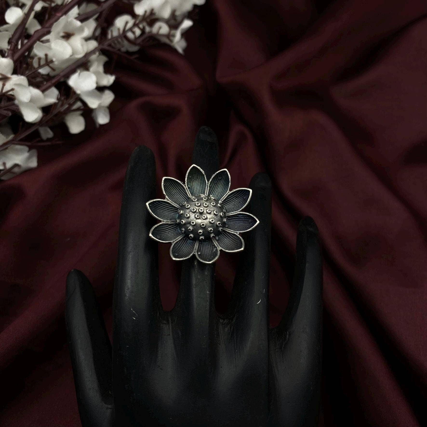 Quirky Fashions - Wholesale Cocktail/Statement Ring - Handcrafted Oxidized Silver Sunflower Statement Ring1