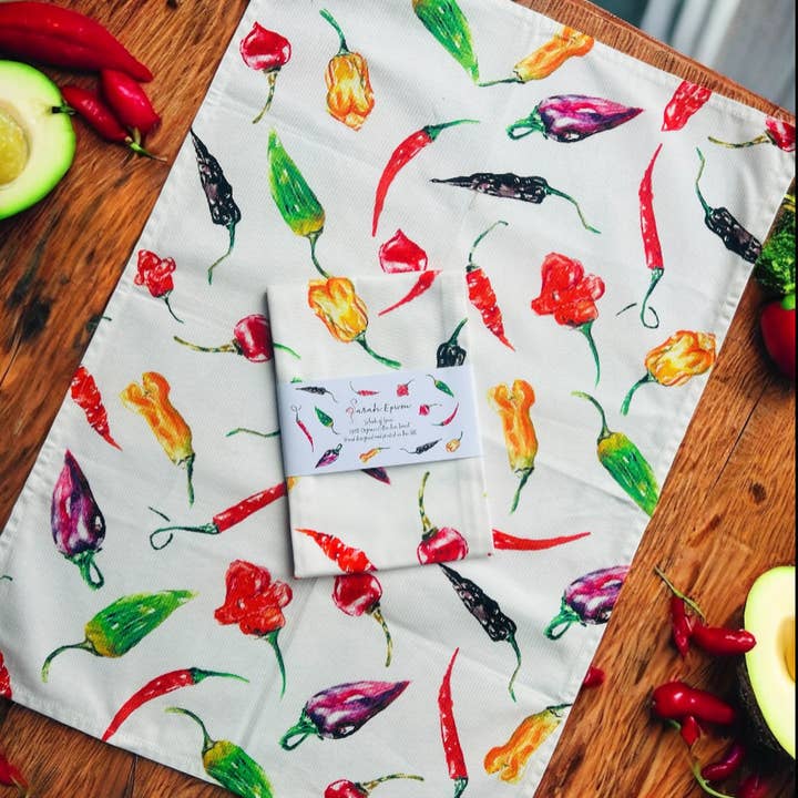 Chilli tea towel, Splash of Spice, 100% Organic Cotton tea towel, Designed and printed in UK - by Sarah Epsom for wholesale by Sarah Epsom