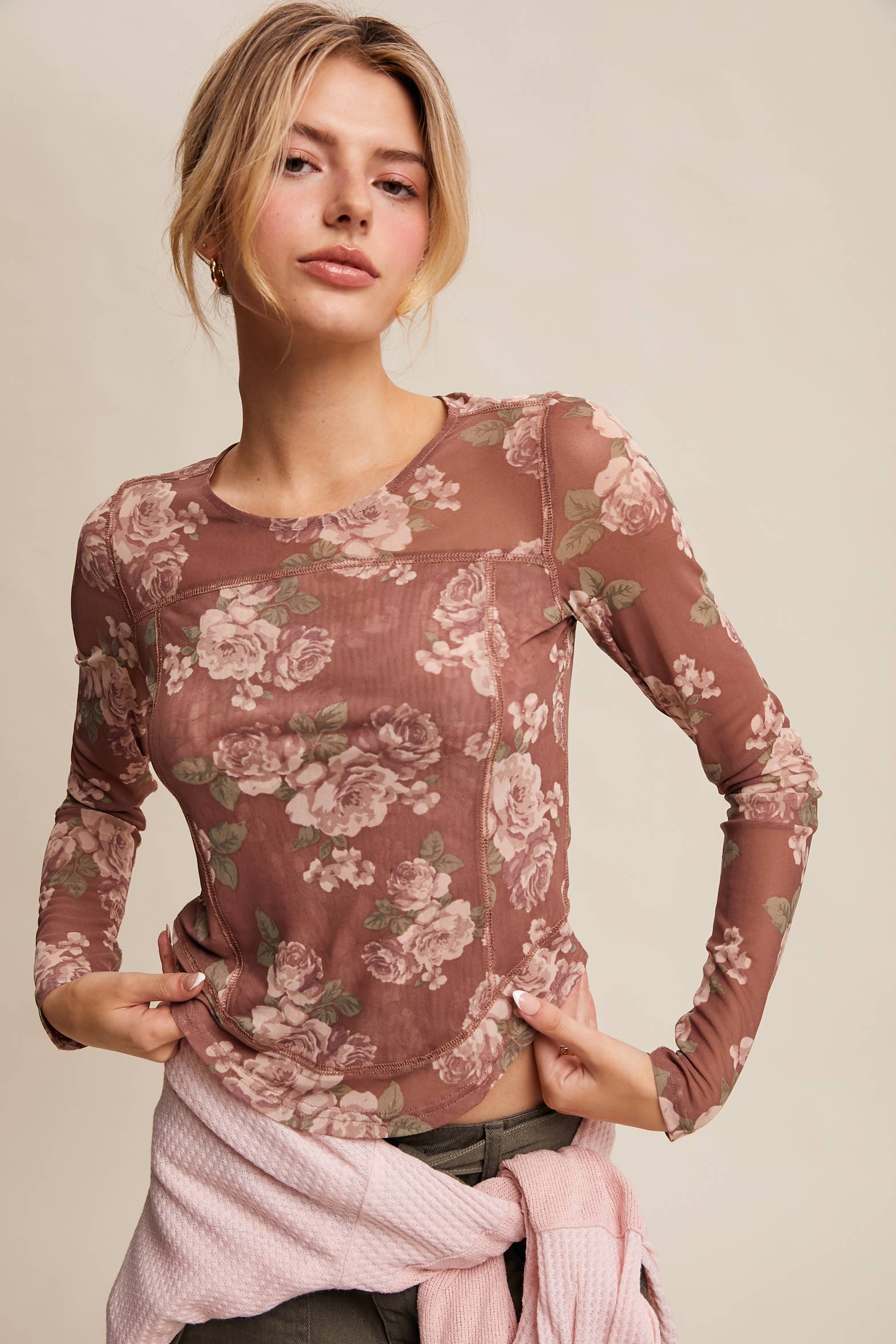 Listicle - Wholesale T-Shirt - Women's - Floral Mesh Long Sleeve Layering Top24