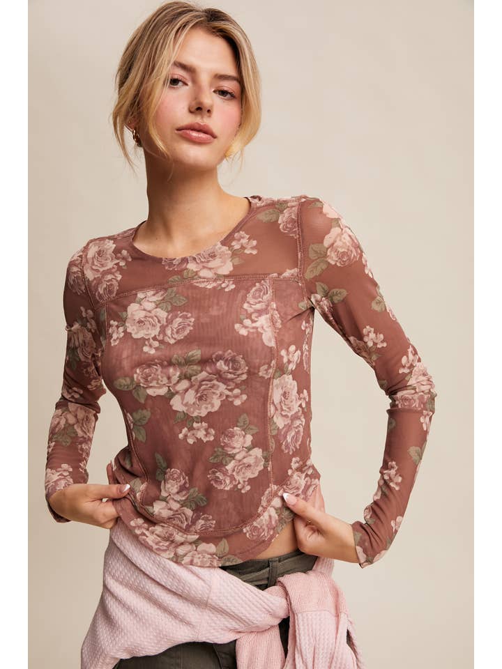 Listicle - Wholesale T-Shirt - Women's - Floral Mesh Long Sleeve Layering Top24