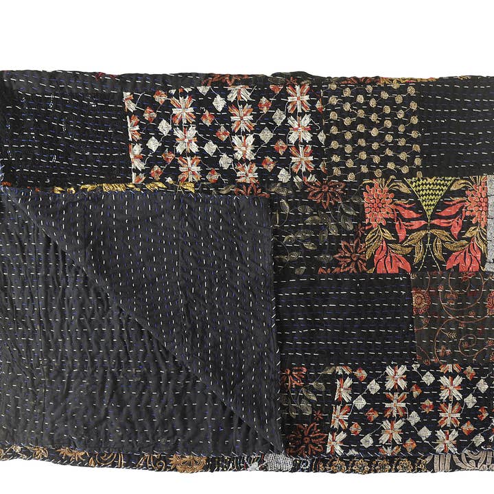Black Handmade Kantha Throw Blanket – One-of-a-Kind Sari Quilt for wholesale on Faire2
