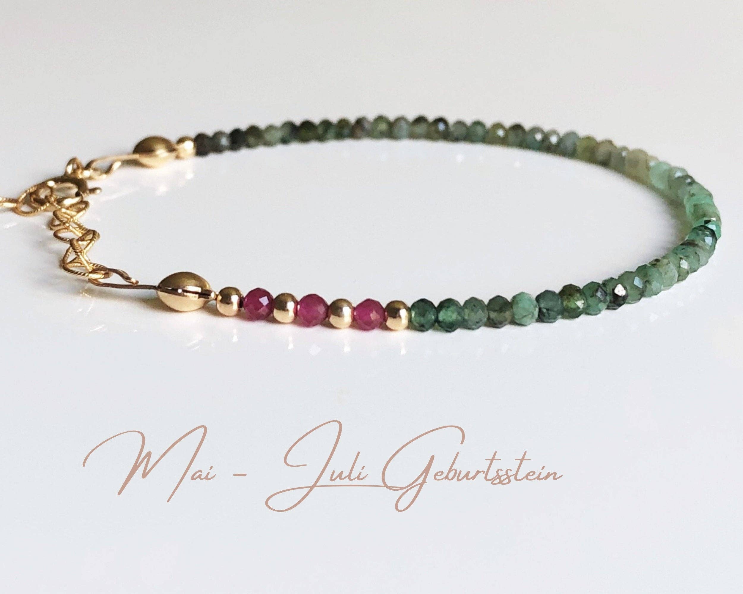 SEQAY - Wholesale Armband met kralen - Delicate armband met smaragd en robijnparels, geboortesteen mei en juli, gradient smaragd, dunne stapelarmband6