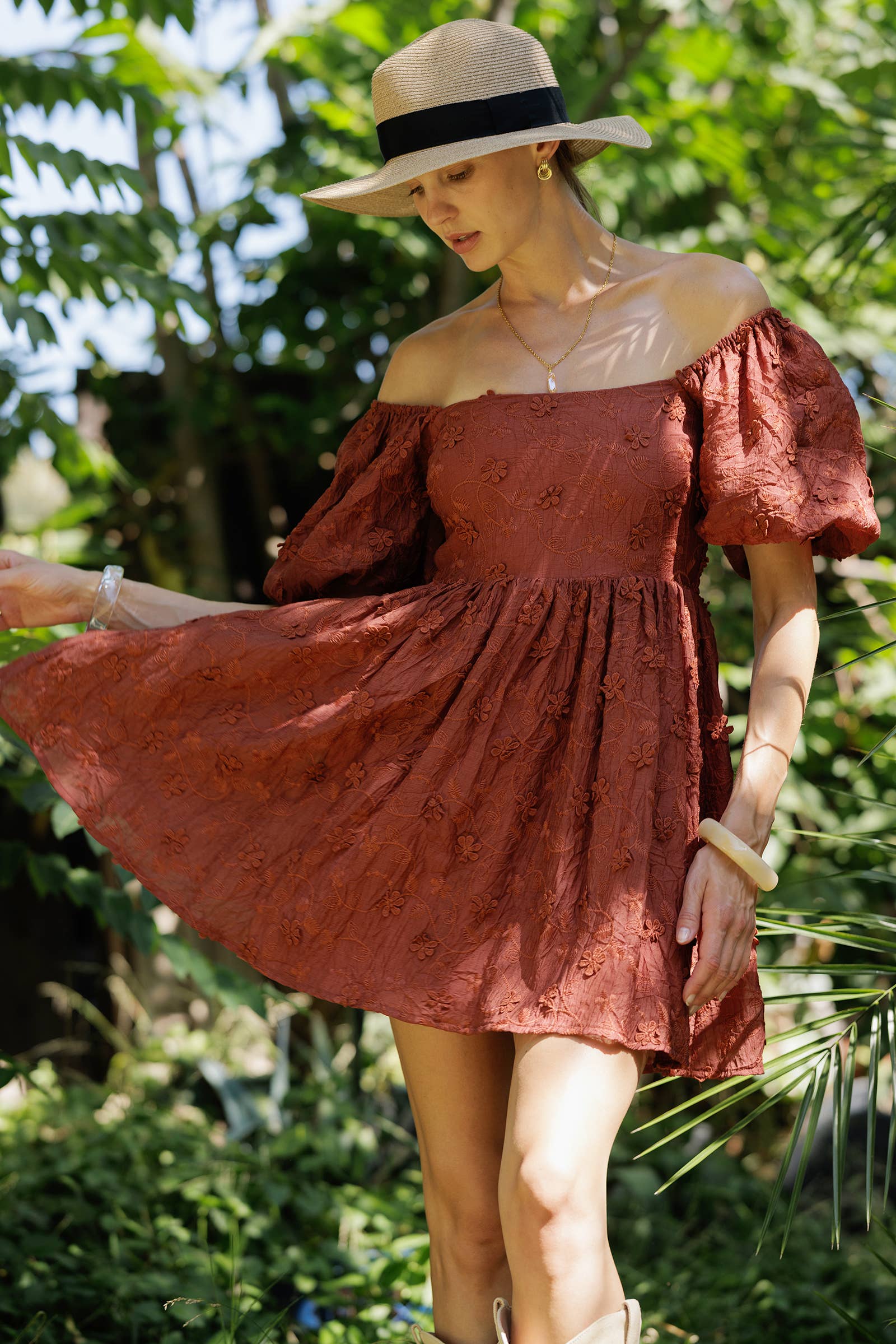 RUST YD5019 Embroidered Puff Sleeve Off-Shoulder Mini Dress for wholesale on Faire6