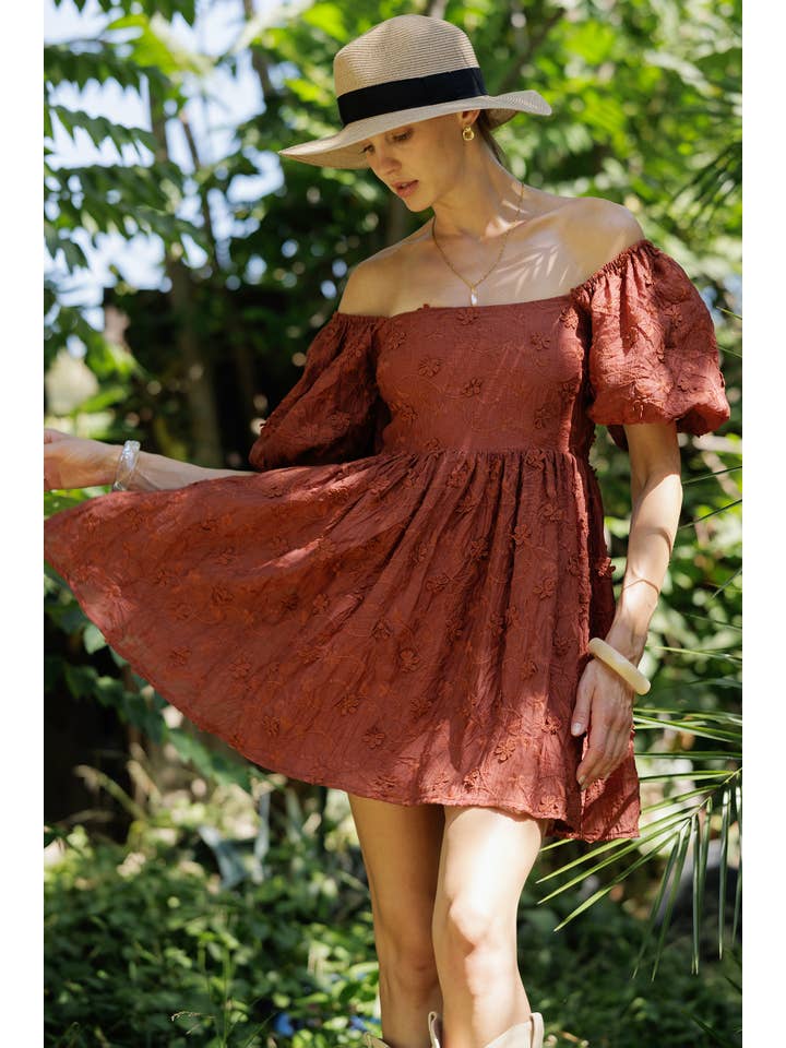 RUST YD5019 Embroidered Puff Sleeve Off-Shoulder Mini Dress for wholesale on Faire6
