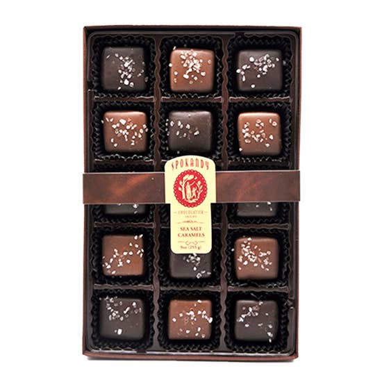 15pc Assorted Sea Salt Caramels Gift Box - 9 oz for wholesale by Spokandy Chocolatier
