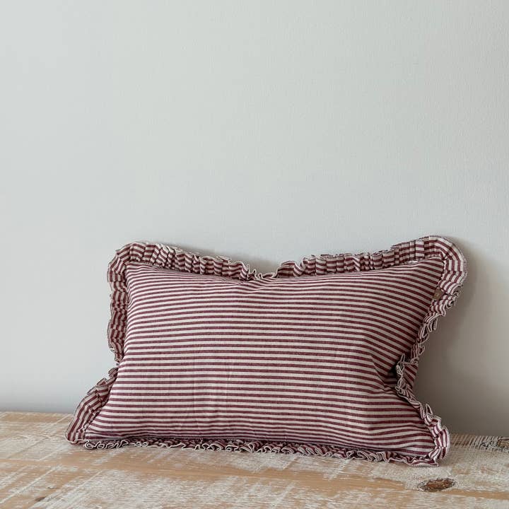 Ellenvale Trade - Wholesale Chair Cushion - Darcy Ruffle Cotton Cushion Cover 50x30 – Burgundy Stripe0