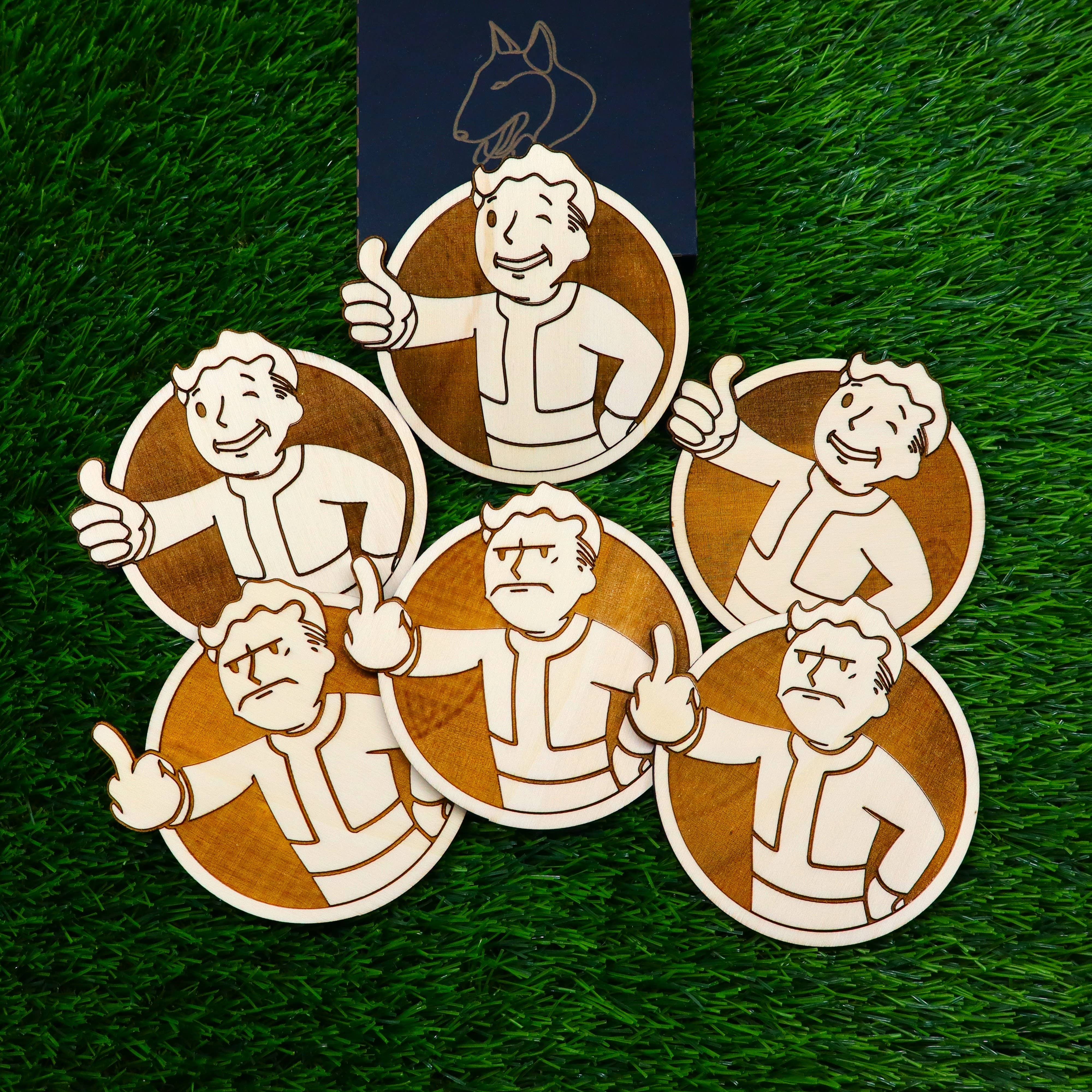 Herbs&Belles – Base de copos por atacado – Porta-copos de Madeira Fallout, Vault Boy Louco, Presente Geek Decoração de Casa1