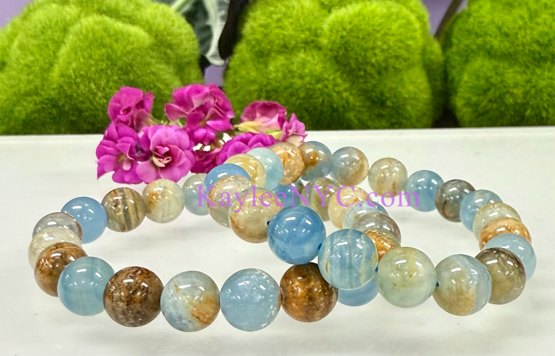 KayleeNYC – Pulseira de missangas por atacado – Pulseira elástica de Calcita Lemuriana Aquatinta 9mm a 10mm, 20 cm3