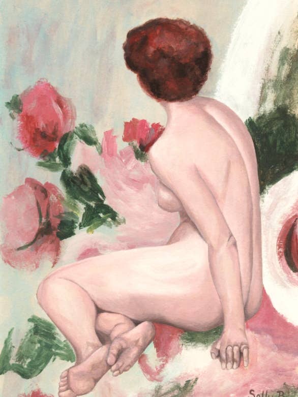 Woman naked back print with pink flowers for eclectic for wholesale by Sally B