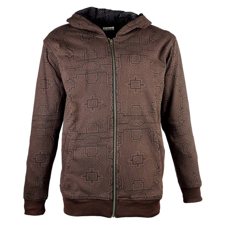 Felpa con cappuccio marrone con stampa etnica nera streetwear per la vendita all'ingrosso da parte di Tribal Trade GmbH