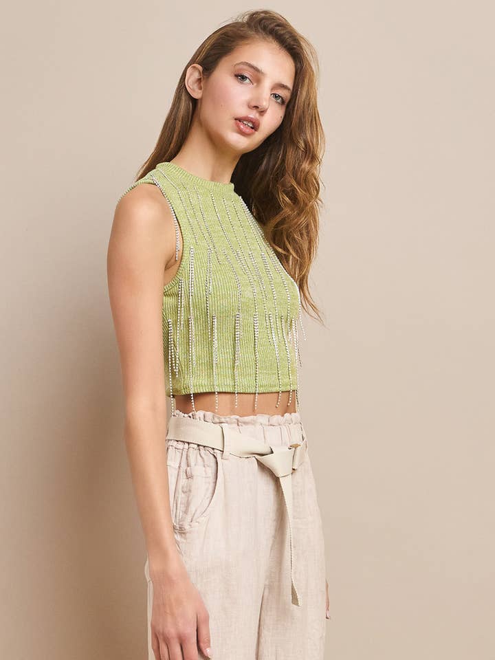 81202-Fringed Rhinestones Detail Knit Tank Top for wholesale by Nylon Apparel