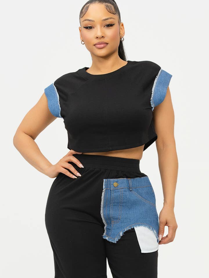 Julia by LoveJ - Wholesale Top & Short Set (NOT Loungewear) - Women's - Color Block Denim Sleeve Top And Biker Shorts Set15