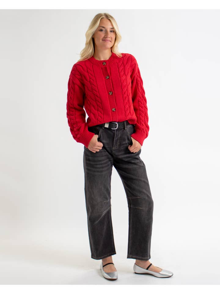 Schmancy Cable Knit Red Button Down Sweater Cardigan for wholesale on Faire1