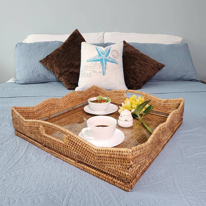 Artifacts Trading Company - Wholesale Decorative Tray - Rattan Scallop Square Tray with Glass Insert8