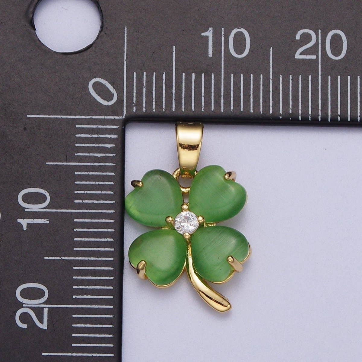 Aim Eternal - Wholesale Individual Charm/Pendant - Green Quatrefoil Lucky Clover Gold Cubic Zirconia Pendant Jewelry Component For Saint Patrick Day | X-6741