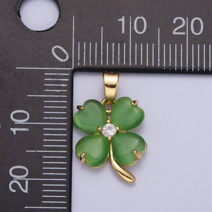 Aim Eternal - Wholesale Individual Charm/Pendant - Green Quatrefoil Lucky Clover Gold Cubic Zirconia Pendant Jewelry Component For Saint Patrick Day | X-6741