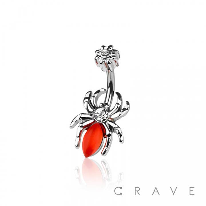 CRAVE BODY JEWELRY – Engroshandel Navlering – RØD EDDERKOP OG WEB MED CZ DINGLE 316L KIRURGISK STÅL NAVLE