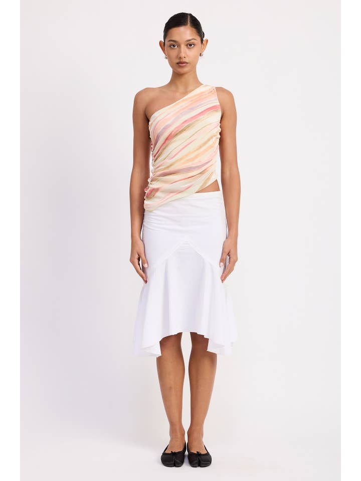 MULTI ONE SHOULDER RUCHED MESH TOP WITH ASYMMETRICAL HEM for wholesale on Faire