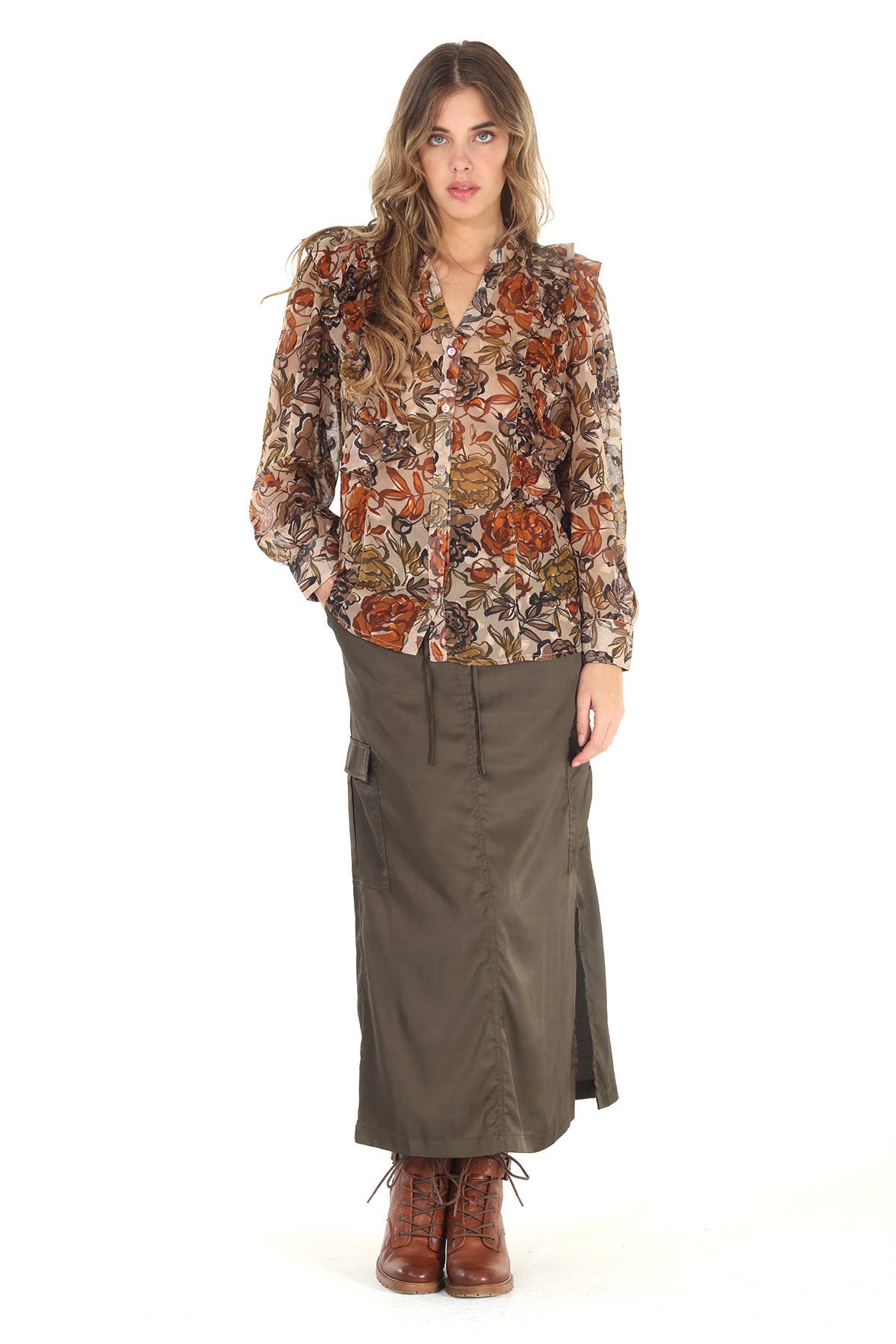 4543-MAT Floral Print Devore Ruffle Trim Blouse - Unlined for wholesale on Faire5