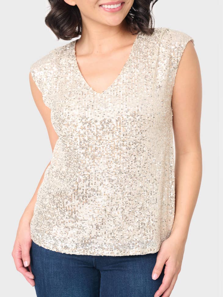 Slouchy Wide Cuff Sequin Knit Top Champagne