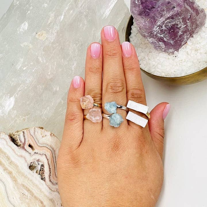 Rock Paradise - Wholesale Single stone/solitaire ring - Assorted Double Crystal Rings - Aquamarine, Selenite, Quartz3