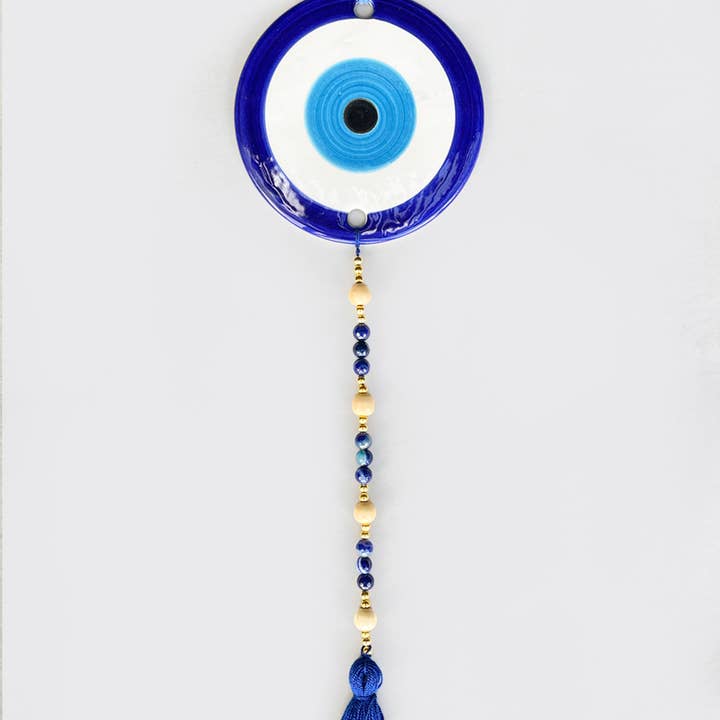 TURKISH EYE POMPOM BLUE BOHO DECOR, WALL HANGING for wholesale by MANIK
