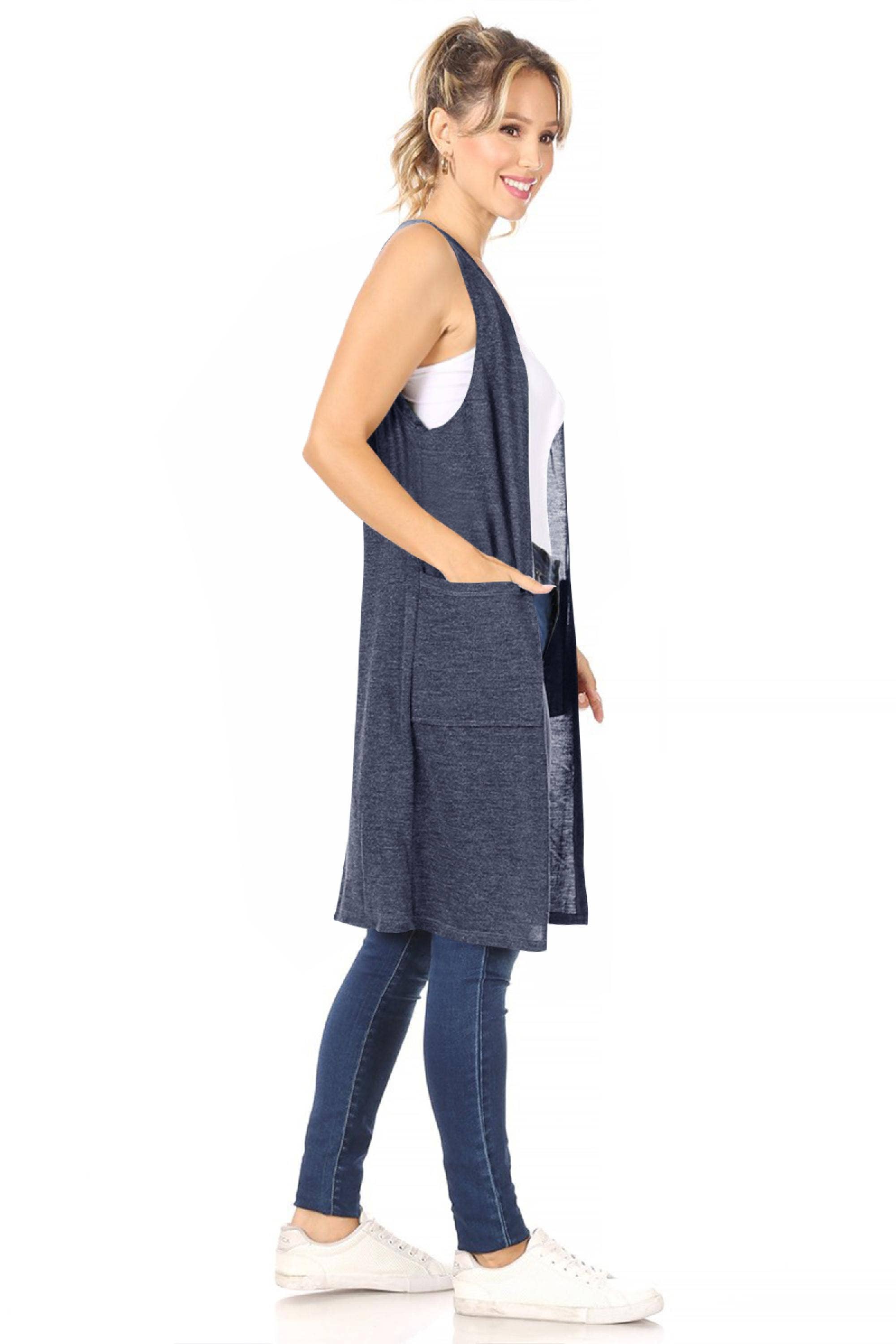 MOA COLLECTION - Wholesale Outerwear Vest - Women's - Women's Casual Solid Knit Long Vest with Pockets5