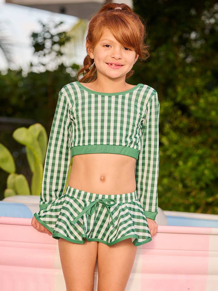 Girls Swimsuit - Skirt Bikini -Green Gingham for wholesale by Sugar Bee Clothing
