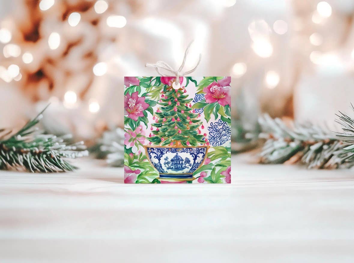 Design Carolinas - Wholesale Gift Tag - Christmas Tree & Poinsettia Chinoiserie Holiday Gift Tag Set