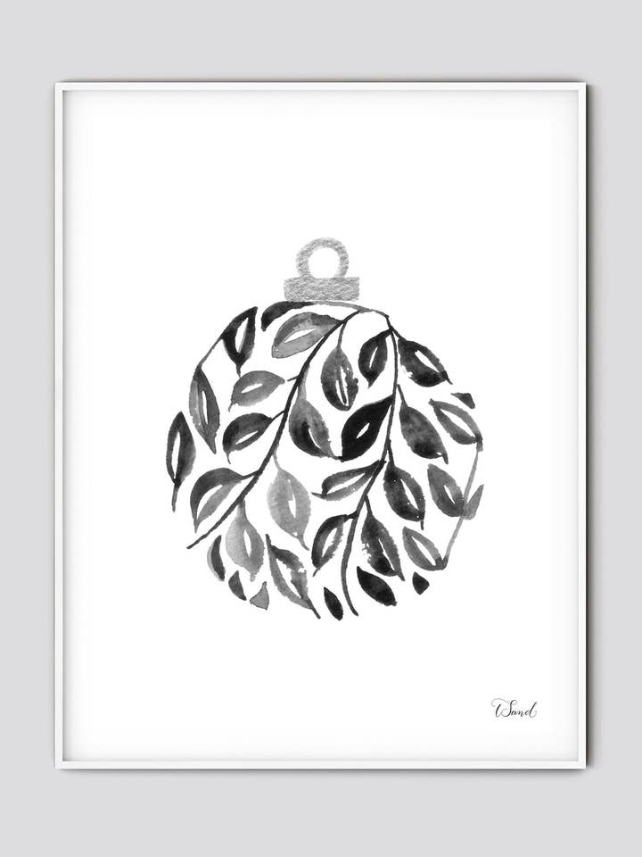 Décoration de Noël imprimée à l'aquarelle, décor noir et blanc pour la vente par Sandpaper Studio