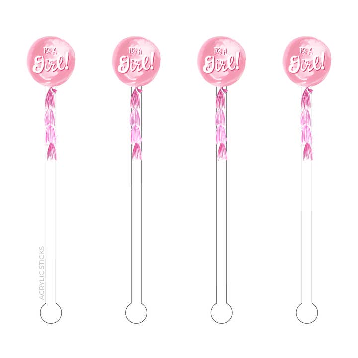 XO ACRYLICS | ACRYLIC STICKS - Wholesale Drink stirrer - IT'S A GIRL TASSEL BALLOON ACRYLIC STIR STICKS