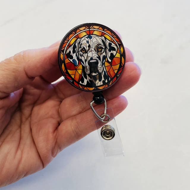 Faux Stained Glass Dalmatian Badge Reel for wholesale by Spellbound Rose Creations