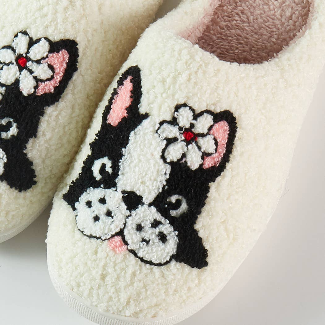 ELFENBEN Mjuka och luddiga inneskor med fransk bulldoggsdesign för wholesale på Faire1