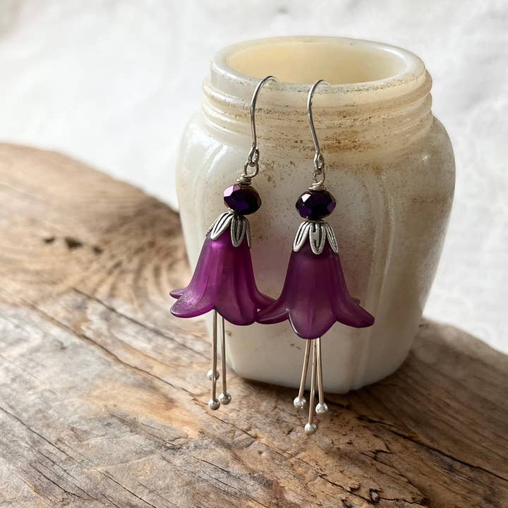 Fuchsia Bloom Studio - Wholesale Dangle Earrings - Purple Flower Earrings Lucite and Crystal Vintage Style1