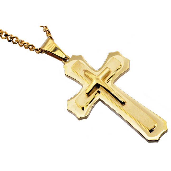 Men's Gold Stainless Steel Layered Cross Pendant Necklace With 24" Curb Chain for wholesale by Blackjack Mens Jewelry