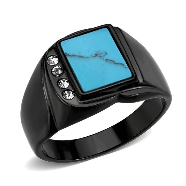TK3755 IP-schwarzer Edelstahlring mit Synthetik in Seeblau für den Großhandel von Alamode