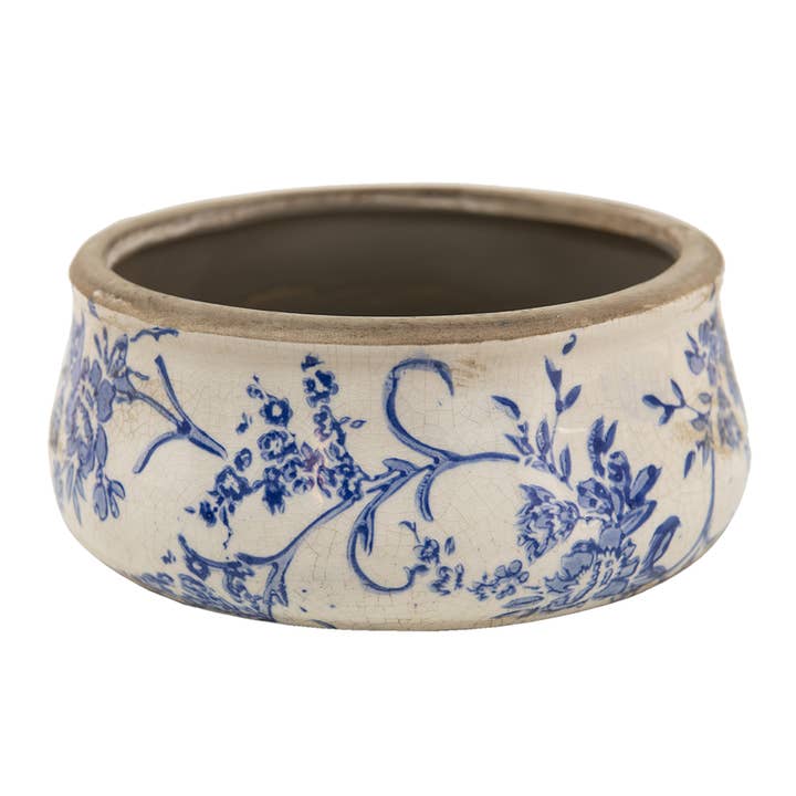 Clayre & Eef - Wholesale Plant Pot - 6CE1397L Planter Ø 21x8 cm Blue White Ceramic Flowers Round