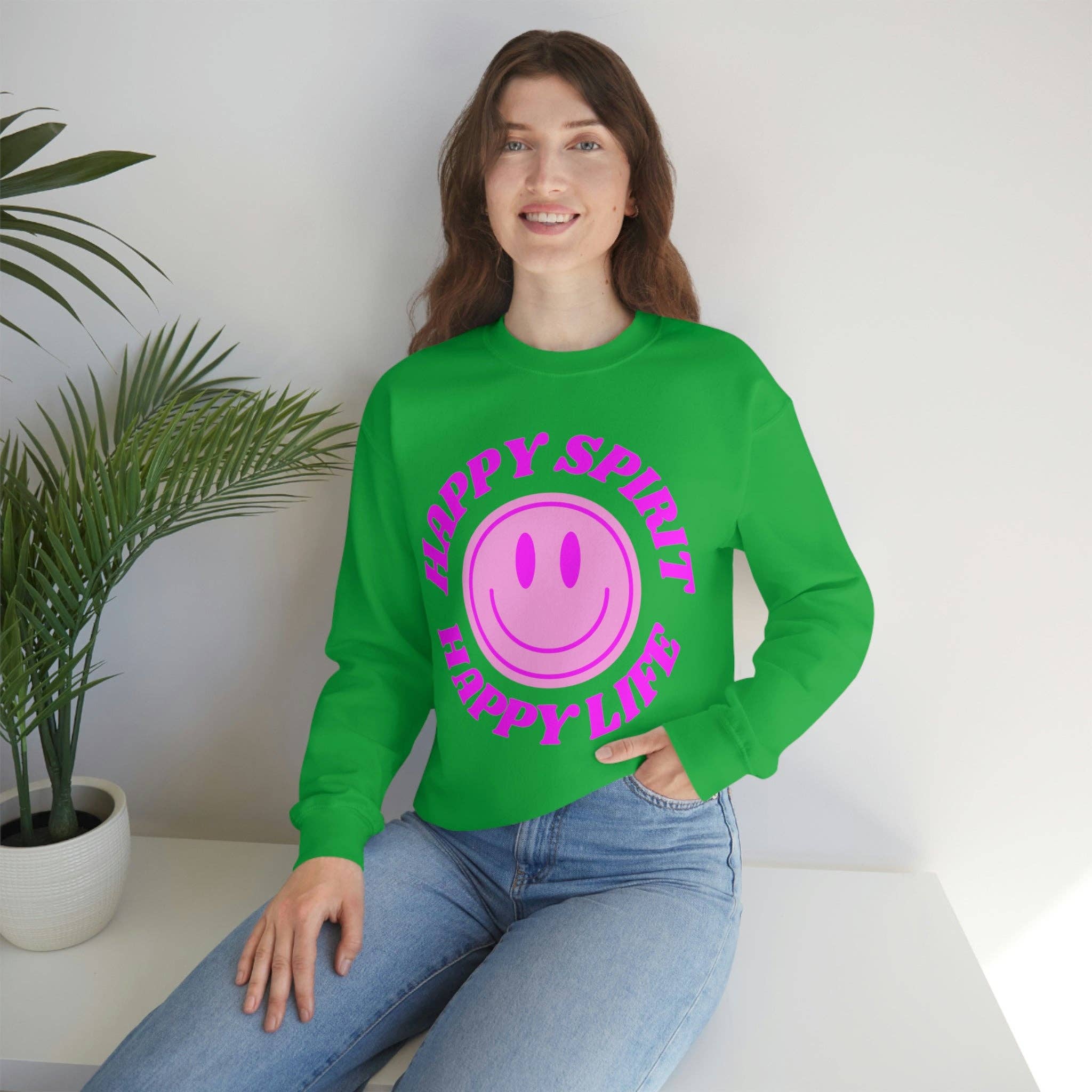 Happy Life Stuff - Wholesale Graphic Sweatshirt - Women's - Happy Spirit Happy Life Sweatshirt, VSCO Girl Crewneck, Oversized Retro Font Graphic Tumblr, Front Print Smile Face Trendy Cover Up61