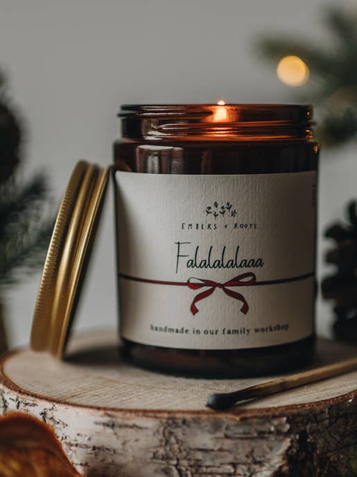 Falalalalaaa Christmas Soy Candle for wholesale by Embers & Roots