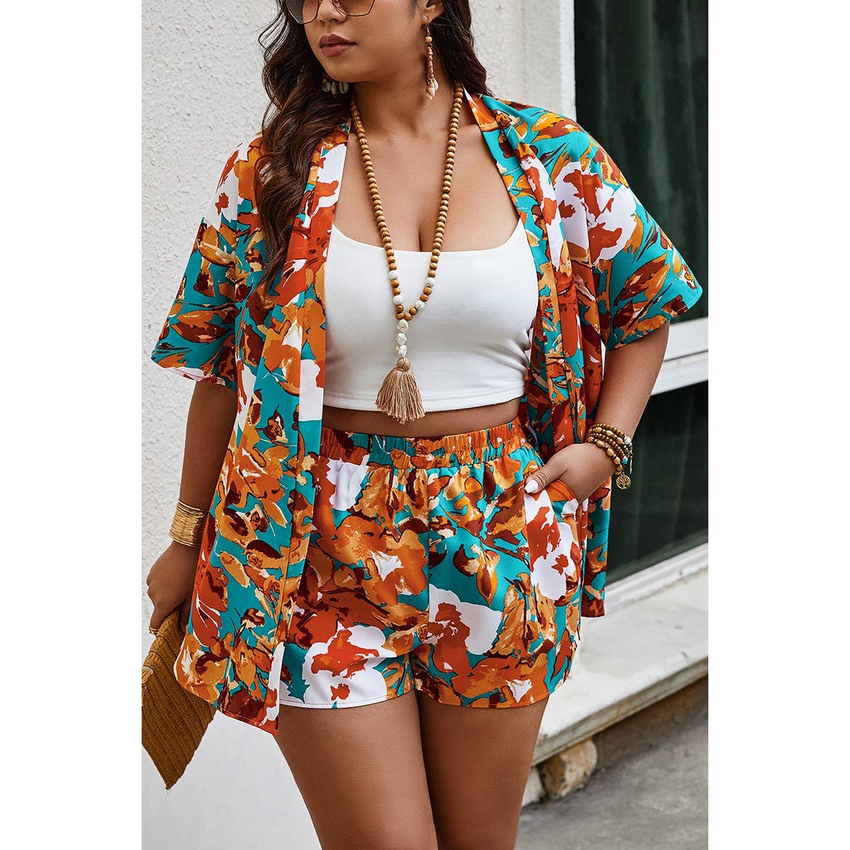 FUCHSIA Plus Size Floral Print Open Front Shorts Sets for wholesale on Faire5
