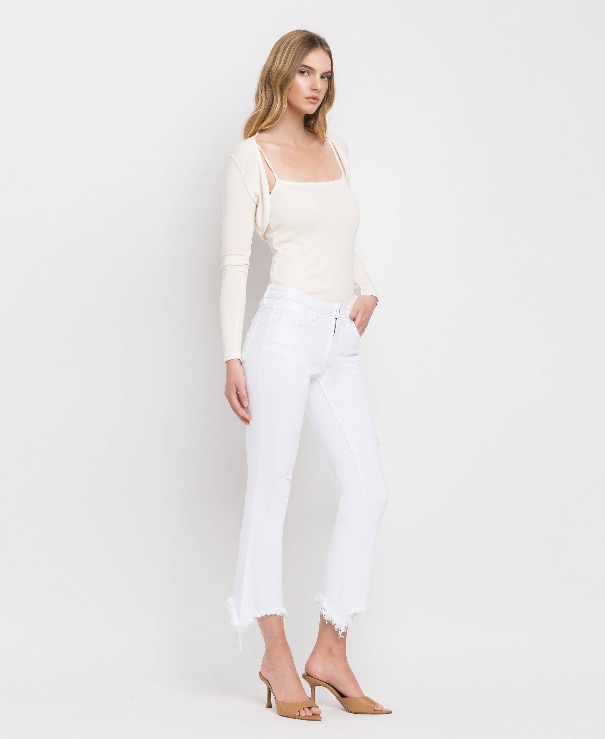 OPTIC WHITE MID RISE DISTRESSED HEM ANKLE BOOTCUT JEANS T6047WH for wholesale on Faire6