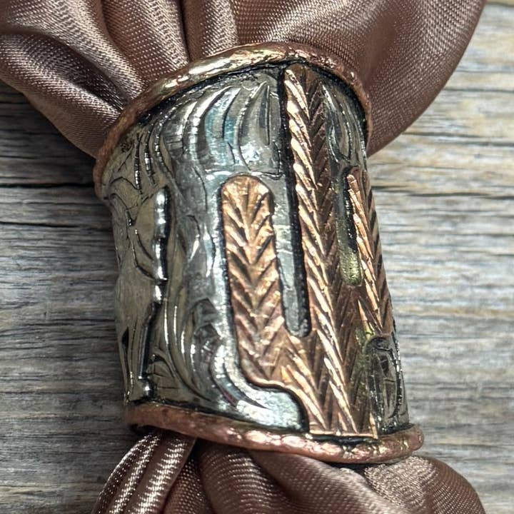 Silver Engraved Coyote N' Cactus Wild Rag Slide #PS104 for wholesale by Rodeo Drive