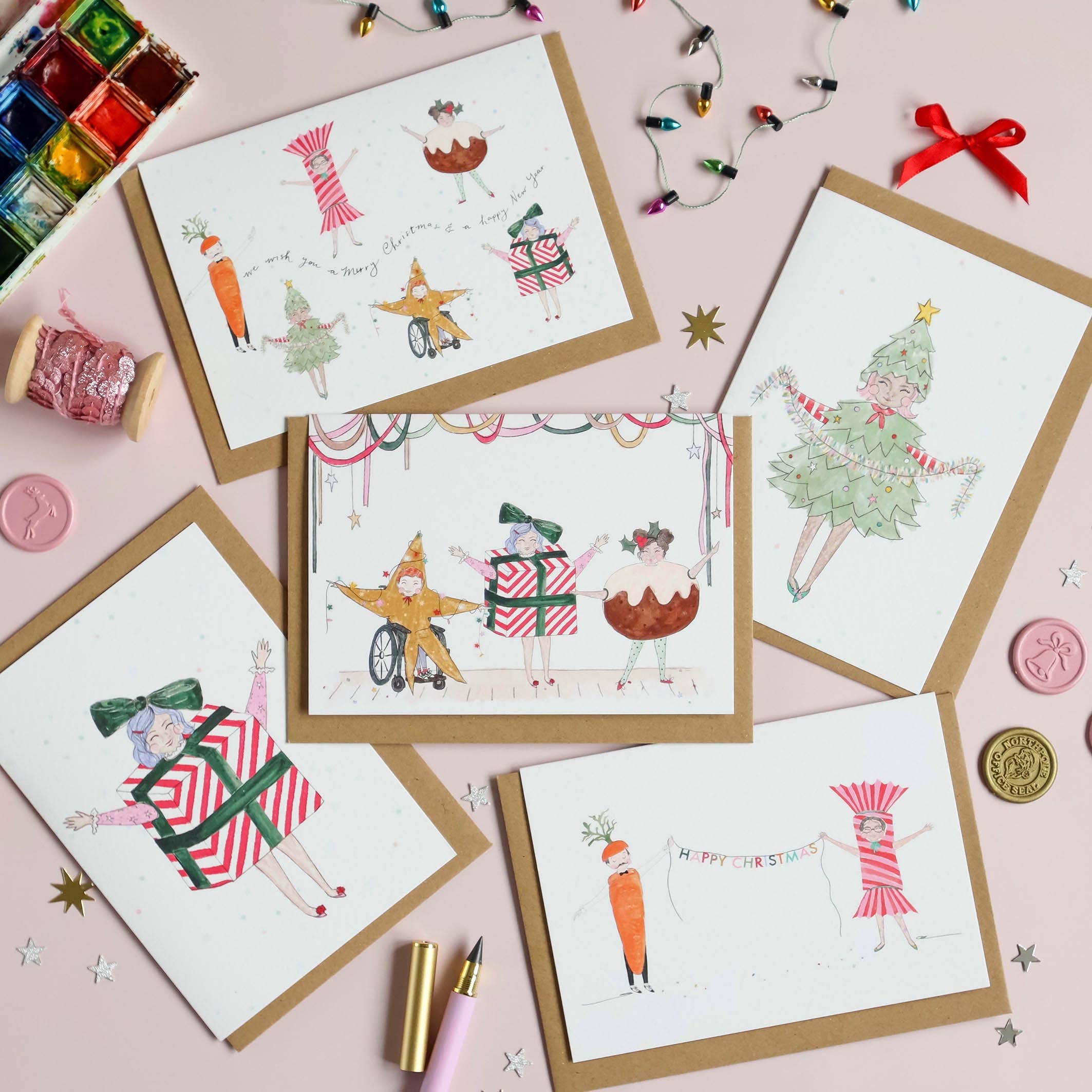 Pickled Pom Pom - Wholesale Christmas Card - The Pom Pom Players Troupe - mixed 5 pack0