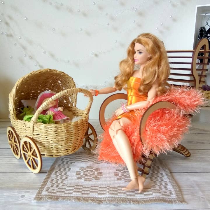 Lenasminiland - Wholesale Doll Accessory Kit - Kids - Miniature baby carriage, rattan look wicker doll stroller wi