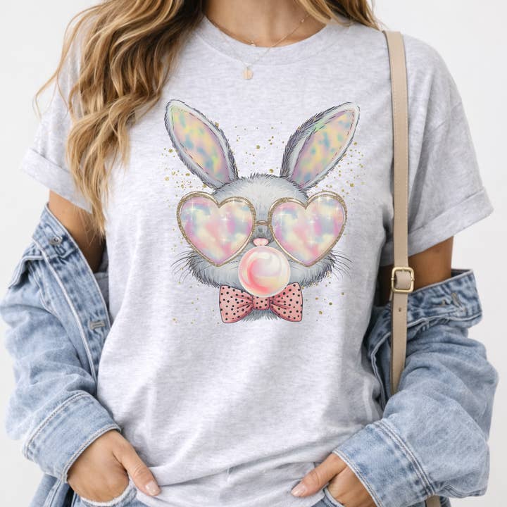 Retro Easter Bunny Blowing Bubble Gum Easter Graphic Tee for wholesale by Simply Spoken Apparel