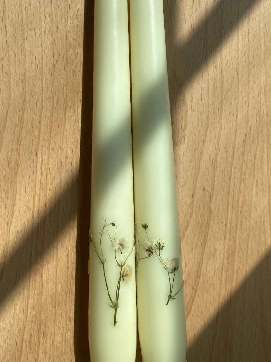 Pressed Babys Breath Floral Taper Candle for wholesale by Pressed Petals by Molly